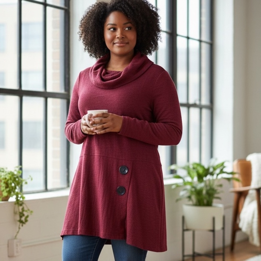 Ali Miles Top Burgundy Cowl Neck Tunic Button Detail‎ in Size 2X  NWT
